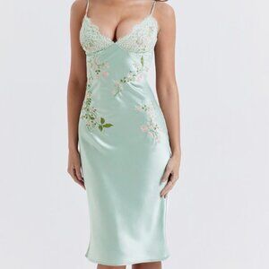 HouseofCB Fallon Light Jade Embroidered Slip Dress Medium bigger cup